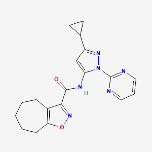 molecular formula C19H20N6O2 B7203296 N-(5-cyclopropyl-2-pyrimidin-2-ylpyrazol-3-yl)-5,6,7,8-tetrahydro-4H-cyclohepta[d][1,2]oxazole-3-carboxamide 