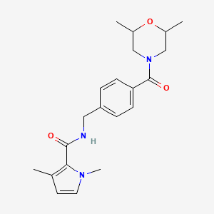 molecular formula C21H27N3O3 B7204930 N-[[4-(2,6-dimethylmorpholine-4-carbonyl)phenyl]methyl]-1,3-dimethylpyrrole-2-carboxamide 