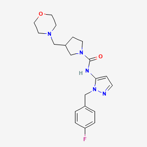 molecular formula C20H26FN5O2 B7205091 N-[2-[(4-fluorophenyl)methyl]pyrazol-3-yl]-3-(morpholin-4-ylmethyl)pyrrolidine-1-carboxamide 