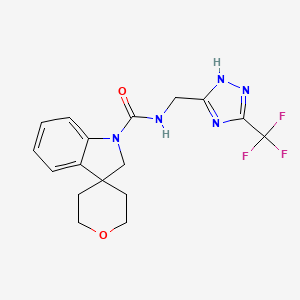 molecular formula C17H18F3N5O2 B7207820 N-[[3-(trifluoromethyl)-1H-1,2,4-triazol-5-yl]methyl]spiro[2H-indole-3,4'-oxane]-1-carboxamide 
