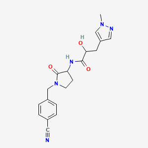 molecular formula C19H21N5O3 B7208914 N-[1-[(4-cyanophenyl)methyl]-2-oxopyrrolidin-3-yl]-2-hydroxy-3-(1-methylpyrazol-4-yl)propanamide 