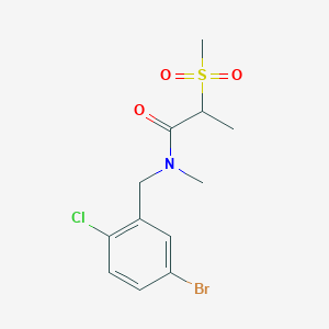 molecular formula C12H15BrClNO3S B7209250 N-[(5-bromo-2-chlorophenyl)methyl]-N-methyl-2-methylsulfonylpropanamide 
