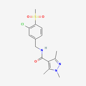 molecular formula C15H18ClN3O3S B7209727 N-[(3-chloro-4-methylsulfonylphenyl)methyl]-1,3,5-trimethylpyrazole-4-carboxamide 