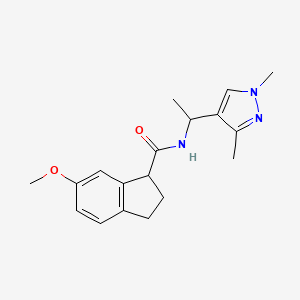 molecular formula C18H23N3O2 B7210106 N-[1-(1,3-dimethylpyrazol-4-yl)ethyl]-6-methoxy-2,3-dihydro-1H-indene-1-carboxamide 