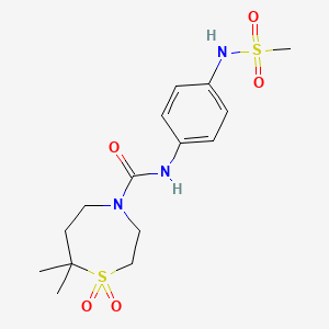molecular formula C15H23N3O5S2 B7212058 N-[4-(methanesulfonamido)phenyl]-7,7-dimethyl-1,1-dioxo-1,4-thiazepane-4-carboxamide 