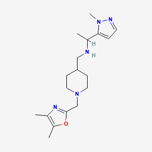 molecular formula C18H29N5O B7212560 N-[[1-[(4,5-dimethyl-1,3-oxazol-2-yl)methyl]piperidin-4-yl]methyl]-1-(2-methylpyrazol-3-yl)ethanamine 