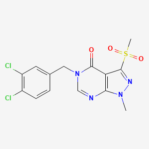 molecular formula C14H12Cl2N4O3S B7212901 5-[(3,4-Dichlorophenyl)methyl]-1-methyl-3-methylsulfonylpyrazolo[3,4-d]pyrimidin-4-one 