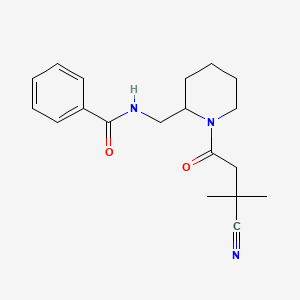 molecular formula C19H25N3O2 B7213034 N-[[1-(3-cyano-3-methylbutanoyl)piperidin-2-yl]methyl]benzamide 