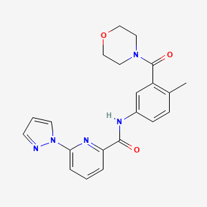 molecular formula C21H21N5O3 B7213162 N-[4-methyl-3-(morpholine-4-carbonyl)phenyl]-6-pyrazol-1-ylpyridine-2-carboxamide 