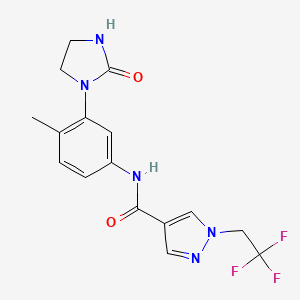 molecular formula C16H16F3N5O2 B7213206 N-[4-methyl-3-(2-oxoimidazolidin-1-yl)phenyl]-1-(2,2,2-trifluoroethyl)pyrazole-4-carboxamide 