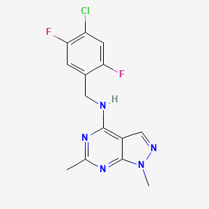 molecular formula C14H12ClF2N5 B7214362 N-[(4-chloro-2,5-difluorophenyl)methyl]-1,6-dimethylpyrazolo[3,4-d]pyrimidin-4-amine 