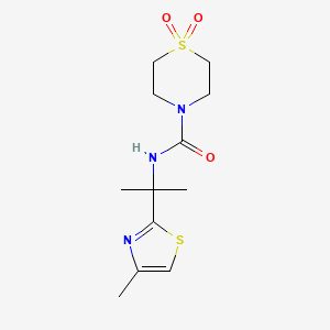 molecular formula C12H19N3O3S2 B7214428 N-[2-(4-methyl-1,3-thiazol-2-yl)propan-2-yl]-1,1-dioxo-1,4-thiazinane-4-carboxamide 