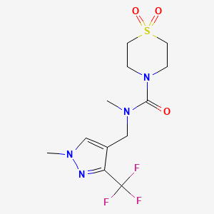 molecular formula C12H17F3N4O3S B7214435 N-methyl-N-[[1-methyl-3-(trifluoromethyl)pyrazol-4-yl]methyl]-1,1-dioxo-1,4-thiazinane-4-carboxamide 