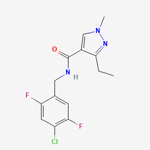molecular formula C14H14ClF2N3O B7214575 N-[(4-chloro-2,5-difluorophenyl)methyl]-3-ethyl-1-methylpyrazole-4-carboxamide 