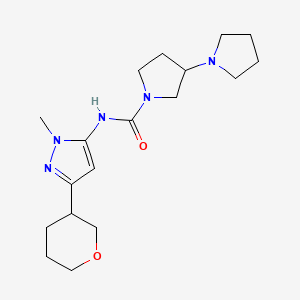 molecular formula C18H29N5O2 B7215799 N-[2-methyl-5-(oxan-3-yl)pyrazol-3-yl]-3-pyrrolidin-1-ylpyrrolidine-1-carboxamide 