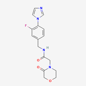 molecular formula C16H17FN4O3 B7215867 N-[(3-fluoro-4-imidazol-1-ylphenyl)methyl]-2-(3-oxomorpholin-4-yl)acetamide 