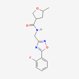 molecular formula C15H16FN3O3 B7215959 N-[[5-(2-fluorophenyl)-1,2,4-oxadiazol-3-yl]methyl]-5-methyloxolane-3-carboxamide 