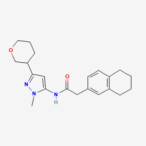 molecular formula C21H27N3O2 B7216060 N-[2-methyl-5-(oxan-3-yl)pyrazol-3-yl]-2-(5,6,7,8-tetrahydronaphthalen-2-yl)acetamide 