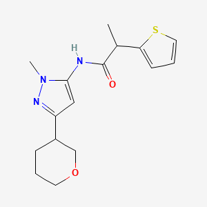 molecular formula C16H21N3O2S B7216079 N-[2-methyl-5-(oxan-3-yl)pyrazol-3-yl]-2-thiophen-2-ylpropanamide 