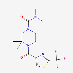 molecular formula C14H19F3N4O2S B7217478 N,N,3,3-tetramethyl-4-[2-(trifluoromethyl)-1,3-thiazole-4-carbonyl]piperazine-1-carboxamide 