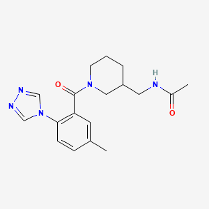 molecular formula C18H23N5O2 B7219241 N-[[1-[5-methyl-2-(1,2,4-triazol-4-yl)benzoyl]piperidin-3-yl]methyl]acetamide 