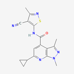 molecular formula C17H16N6OS B7219899 N-(4-cyano-3-methyl-1,2-thiazol-5-yl)-6-cyclopropyl-1,3-dimethylpyrazolo[3,4-b]pyridine-4-carboxamide 
