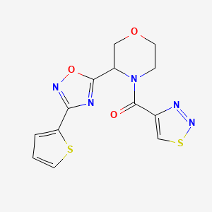 molecular formula C13H11N5O3S2 B7221621 Thiadiazol-4-yl-[3-(3-thiophen-2-yl-1,2,4-oxadiazol-5-yl)morpholin-4-yl]methanone 