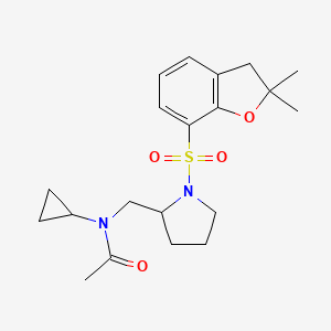 molecular formula C20H28N2O4S B7221999 N-cyclopropyl-N-[[1-[(2,2-dimethyl-3H-1-benzofuran-7-yl)sulfonyl]pyrrolidin-2-yl]methyl]acetamide 