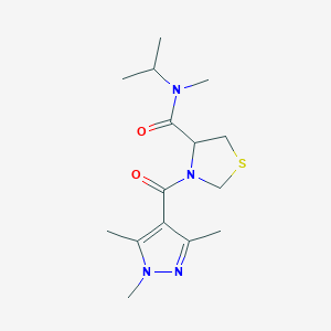 molecular formula C15H24N4O2S B7222774 N-methyl-N-propan-2-yl-3-(1,3,5-trimethylpyrazole-4-carbonyl)-1,3-thiazolidine-4-carboxamide 