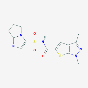 molecular formula C14H15N5O3S2 B7223144 N-(6,7-dihydro-5H-pyrrolo[1,2-a]imidazol-3-ylsulfonyl)-1,3-dimethylthieno[2,3-c]pyrazole-5-carboxamide 