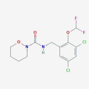 molecular formula C13H14Cl2F2N2O3 B7223152 N-[[3,5-dichloro-2-(difluoromethoxy)phenyl]methyl]oxazinane-2-carboxamide 