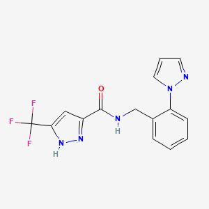 molecular formula C15H12F3N5O B7223495 N-[(2-pyrazol-1-ylphenyl)methyl]-5-(trifluoromethyl)-1H-pyrazole-3-carboxamide 