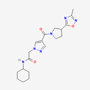 molecular formula C19H26N6O3 B7224628 N-cyclohexyl-2-[4-[3-(3-methyl-1,2,4-oxadiazol-5-yl)pyrrolidine-1-carbonyl]pyrazol-1-yl]acetamide 