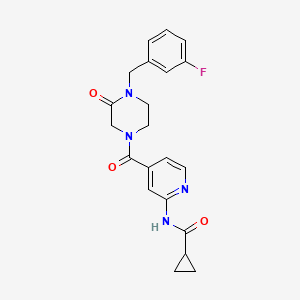 molecular formula C21H21FN4O3 B7225648 N-[4-[4-[(3-fluorophenyl)methyl]-3-oxopiperazine-1-carbonyl]pyridin-2-yl]cyclopropanecarboxamide 