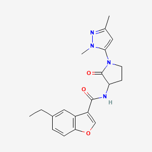 molecular formula C20H22N4O3 B7225672 N-[1-(2,5-dimethylpyrazol-3-yl)-2-oxopyrrolidin-3-yl]-5-ethyl-1-benzofuran-3-carboxamide 