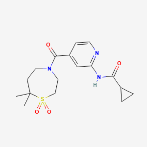 molecular formula C17H23N3O4S B7225905 N-[4-(7,7-dimethyl-1,1-dioxo-1,4-thiazepane-4-carbonyl)pyridin-2-yl]cyclopropanecarboxamide 