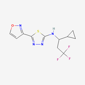 molecular formula C11H11F3N4OS B7226734 N-(1-cyclopropyl-3,3,3-trifluoropropyl)-5-(1,2-oxazol-3-yl)-1,3,4-thiadiazol-2-amine 
