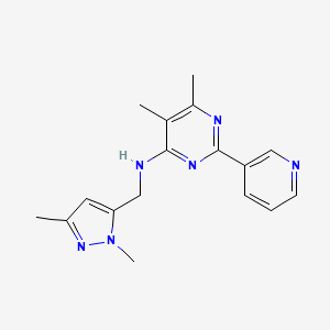 molecular formula C17H20N6 B7226803 N-[(2,5-dimethylpyrazol-3-yl)methyl]-5,6-dimethyl-2-pyridin-3-ylpyrimidin-4-amine 