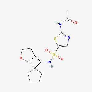 molecular formula C15H21N3O4S2 B7227107 N-[5-(spiro[2-oxabicyclo[3.2.0]heptane-7,1'-cyclopentane]-6-ylsulfamoyl)-1,3-thiazol-2-yl]acetamide 