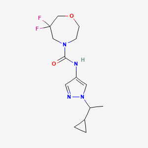 molecular formula C14H20F2N4O2 B7228581 N-[1-(1-cyclopropylethyl)pyrazol-4-yl]-6,6-difluoro-1,4-oxazepane-4-carboxamide 