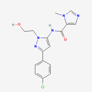 molecular formula C16H16ClN5O2 B7229038 N-[5-(4-chlorophenyl)-2-(2-hydroxyethyl)pyrazol-3-yl]-3-methylimidazole-4-carboxamide 