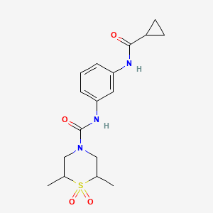 molecular formula C17H23N3O4S B7229500 N-[3-(cyclopropanecarbonylamino)phenyl]-2,6-dimethyl-1,1-dioxo-1,4-thiazinane-4-carboxamide 