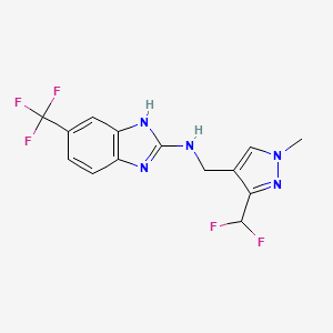 molecular formula C14H12F5N5 B7231044 N-[[3-(difluoromethyl)-1-methylpyrazol-4-yl]methyl]-6-(trifluoromethyl)-1H-benzimidazol-2-amine 