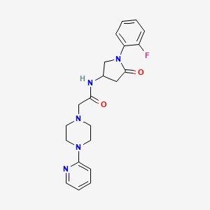 molecular formula C21H24FN5O2 B7231543 N-[1-(2-fluorophenyl)-5-oxopyrrolidin-3-yl]-2-(4-pyridin-2-ylpiperazin-1-yl)acetamide 
