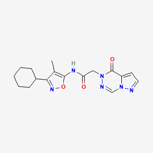 molecular formula C17H20N6O3 B7232064 N-(3-cyclohexyl-4-methyl-1,2-oxazol-5-yl)-2-(4-oxopyrazolo[1,5-d][1,2,4]triazin-5-yl)acetamide 