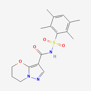 molecular formula C17H21N3O4S B7232925 N-(2,3,5,6-tetramethylphenyl)sulfonyl-6,7-dihydro-5H-pyrazolo[5,1-b][1,3]oxazine-3-carboxamide 