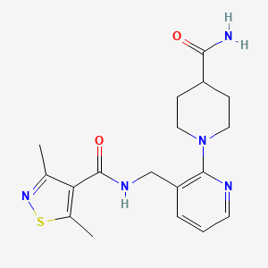 molecular formula C18H23N5O2S B7232991 N-[[2-(4-carbamoylpiperidin-1-yl)pyridin-3-yl]methyl]-3,5-dimethyl-1,2-thiazole-4-carboxamide 