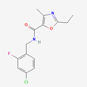 molecular formula C14H14ClFN2O2 B7234289 N-[(4-chloro-2-fluorophenyl)methyl]-2-ethyl-4-methyl-1,3-oxazole-5-carboxamide 