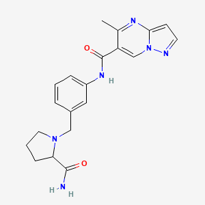 molecular formula C20H22N6O2 B7236053 N-[3-[(2-carbamoylpyrrolidin-1-yl)methyl]phenyl]-5-methylpyrazolo[1,5-a]pyrimidine-6-carboxamide 