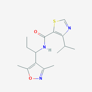molecular formula C15H21N3O2S B7236834 N-[1-(3,5-dimethyl-1,2-oxazol-4-yl)propyl]-4-propan-2-yl-1,3-thiazole-5-carboxamide 